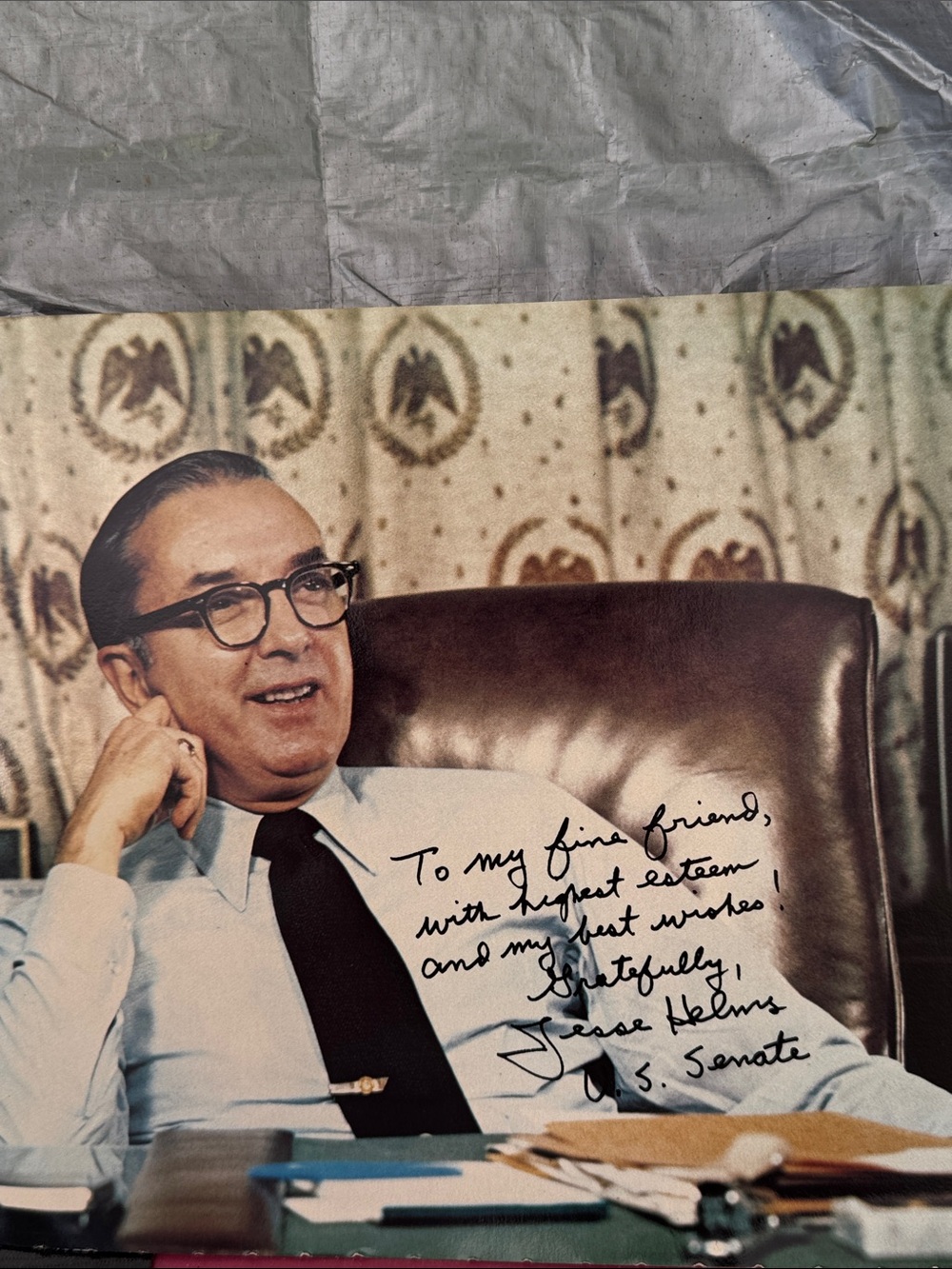 Signed Vintage Portrait of Jesse Helms in Office - Brown Leather Chair